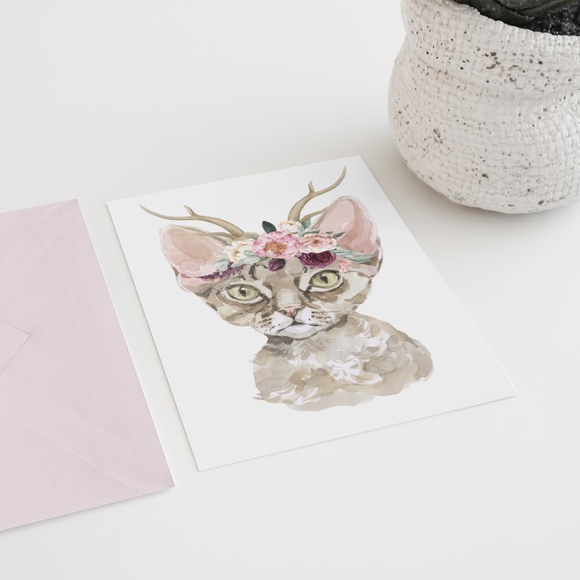 Watercolor Floral Devon Rex Cat Wall Art Illustration Print Poster Card Unframed - Picture 6 of 7